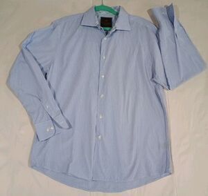 Tattersall London Men’s Dress Shirt Blue White Micro Check Plaid Long Sleeve L